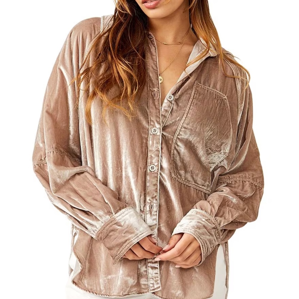 Free People Night Skies Button Front Collar Top. Size M in Mushroom